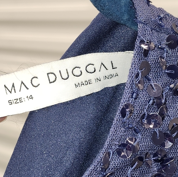 NWT Mac Duggal Fully Sequined Ruffle Tiered Bell Sleeve Midi Dress Navy 14 10802 - Picture 8 of 8